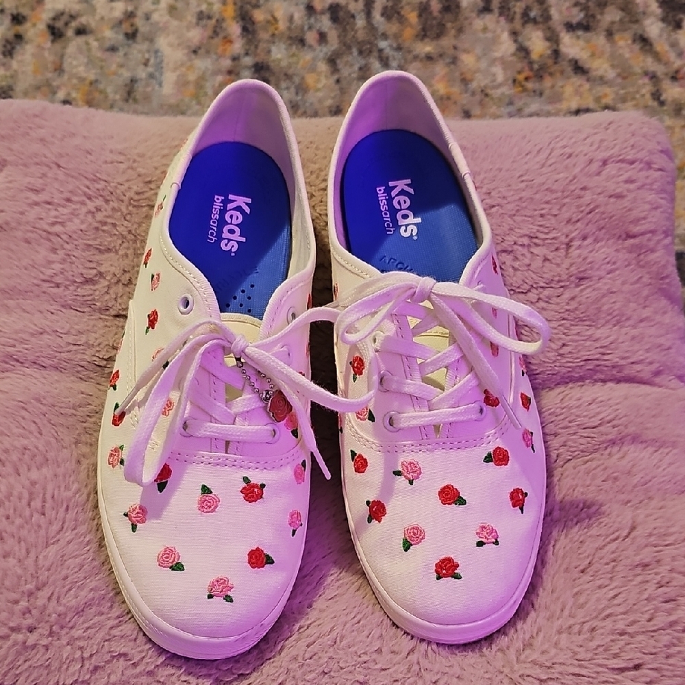 Keds Canvas Lace-Up Sneaker with Rose Embroidery - White/Pink/Red